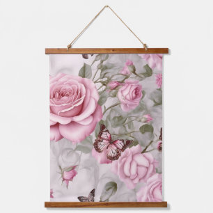 Pink Roses and Butterflies Watercolor  Hanging Tapestry