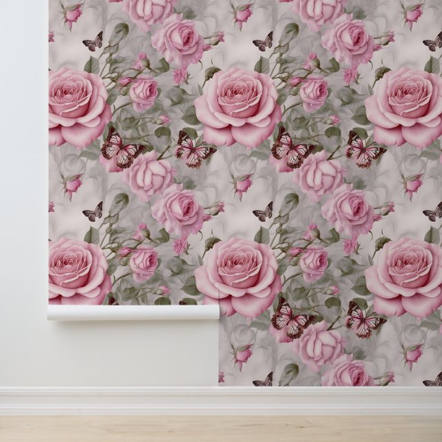 Pink Roses and Butterflies Watercolor  Wallpaper (Application)