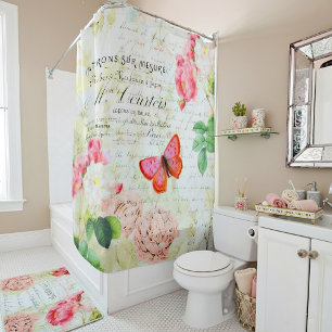 Pink roses and butterfly shower curtain