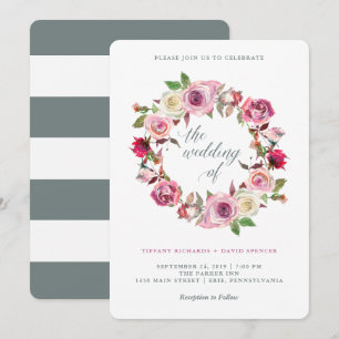 Pink Roses and Chic Grey Stripes   Wedding Wreath Invitation