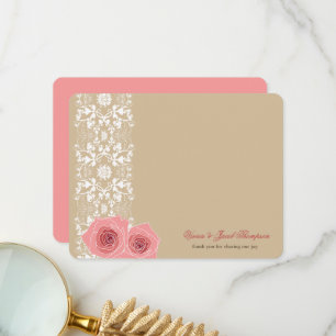 Pink Roses And Damask Lace Romantic Chic Wedding Thank You Card