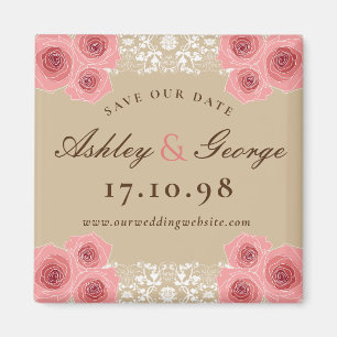 Pink Roses And Damask Lace Vintage Save The Date Magnet