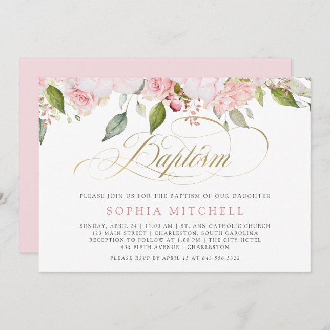 Pink Roses and Elegant Gold Script | Baptism Invitation (Front/Back)
