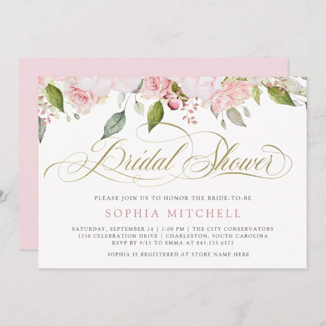 Pink Roses and Elegant Gold Script | Bridal Shower Invitation (Front/Back)