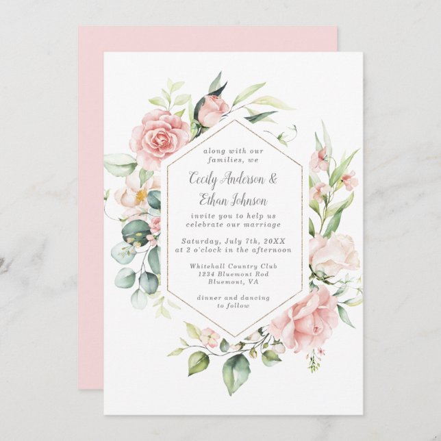 Pink Roses and Eucalyptus Gold Geometric Frame Invitation (Front/Back)