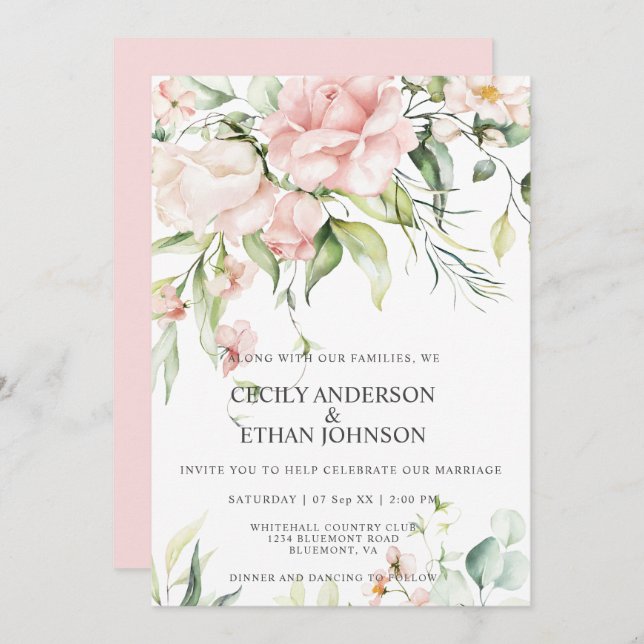 Pink Roses and Eucalyptus Pink Back Wedding Invitation (Front/Back)