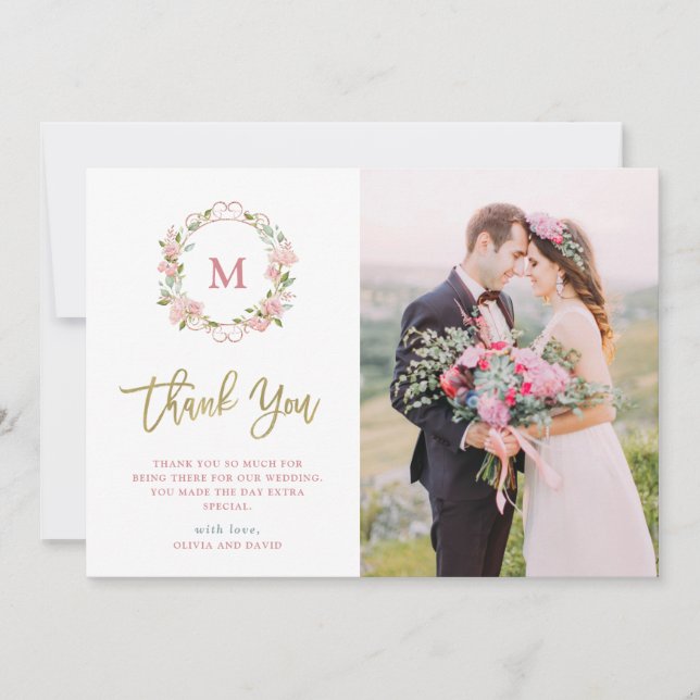 Pink Roses and Faux Gold Script | Photo Wedding Thank You Card (Front)