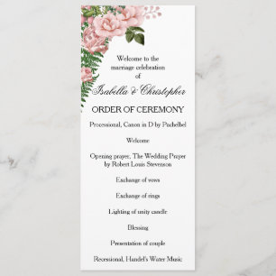 Pink Roses and Ferns Wedding Program Programme