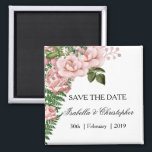 Pink Roses and Ferns Wedding Save the Date Magnet<br><div class="desc">This pretty save the date magnet features a lovely floral design featuring a bunch of pink roses in the left corner, contrasted by green rose petals and leaves and large fern leaves. The details can be easily customised as needed. This pink save the date keepsake is part of a larger...</div>