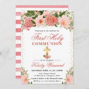 Pink Roses and Flowers First Holy Communion Invitation