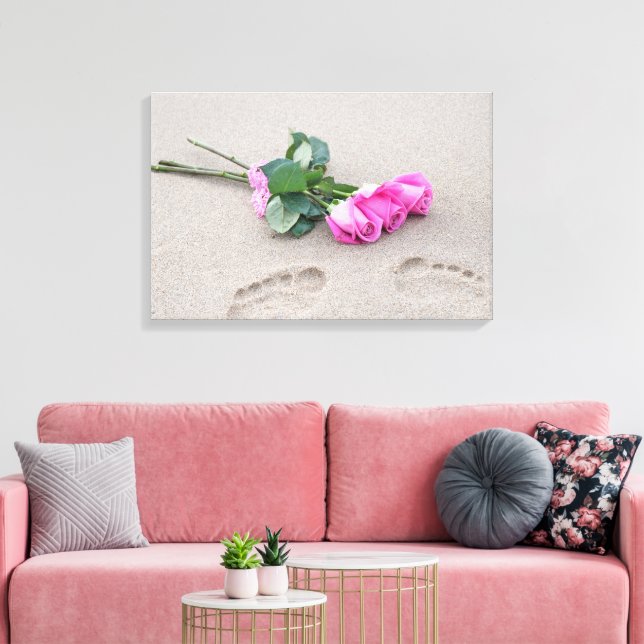 pink roses and footprints in sand canvas print (Insitu(LivingRoom))