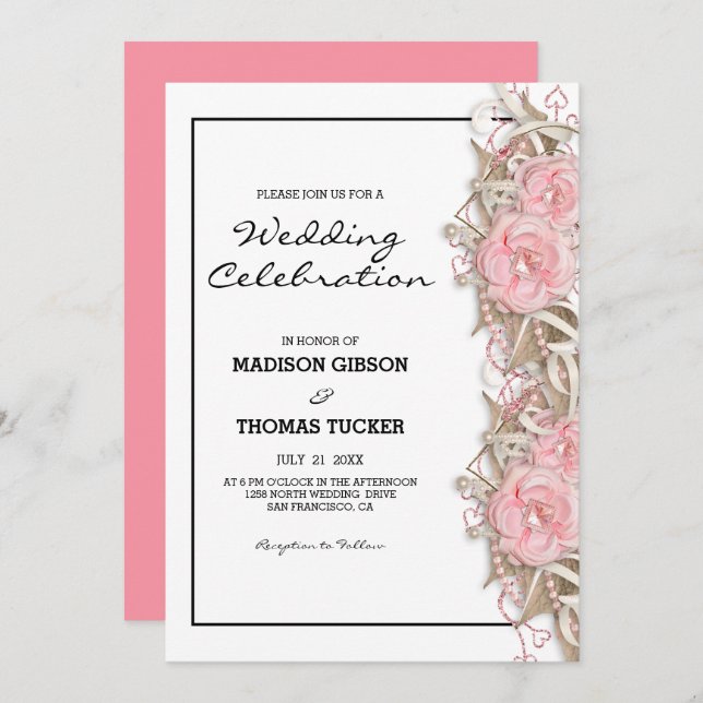 Pink Roses And Glitter Wedding Invitation (Front/Back)
