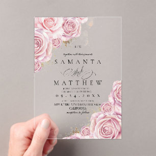 Pink Roses and Gold Dusty Elegant Flower Wedding  Acrylic Invitations