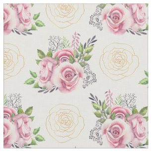 Pink Roses and Gold Flowers Watercolor Fabric