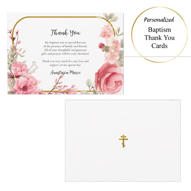 Pink Roses and Gold Frame Orthodox Baptism Thank You Card (Creator Uploaded)