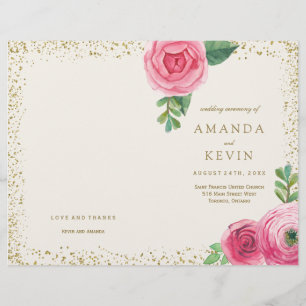 Pink Roses and Gold Glitter Wedding Programs