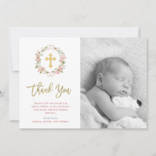 Pink Roses and Gold Script Photo Baptism Thank You Card