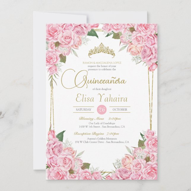 Pink Roses and Gold Tiara Floral Quinceanera  Invitation (Front)