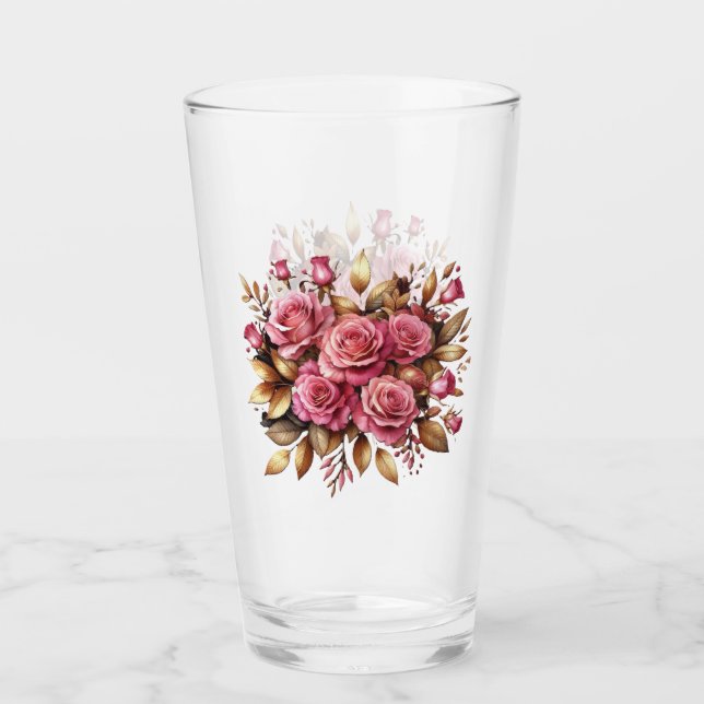 Pink Roses And Golden Leaves  Glass (Front)