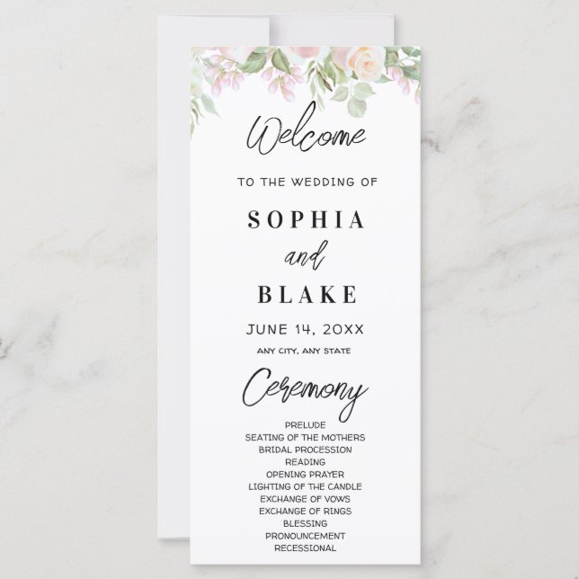 Pink Roses and Green Greenery Wedding Program (Front)