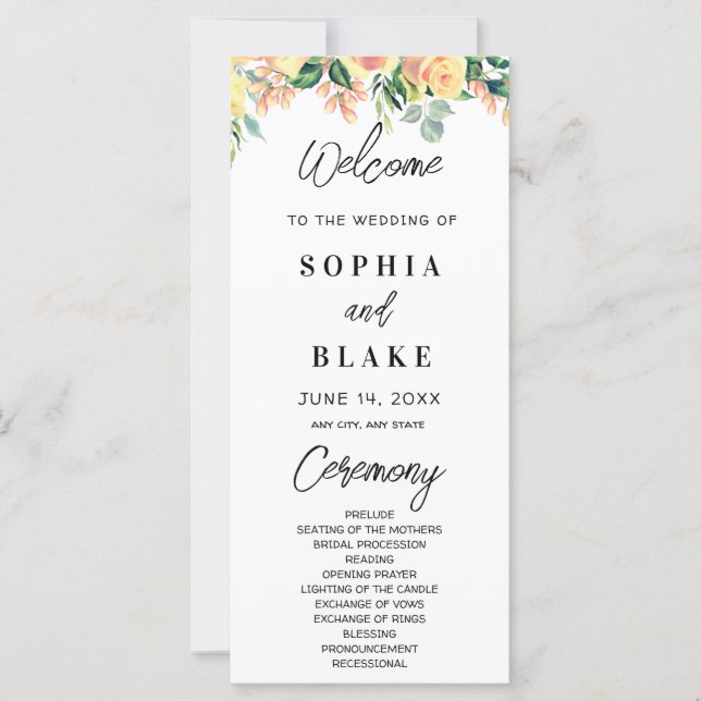 Pink Roses and Green Greenery Wedding Program (Front)