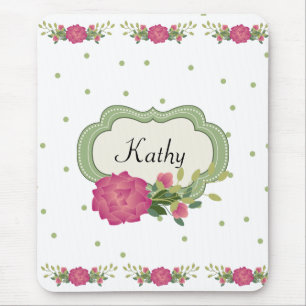 Pink Roses and Green Polka Dots Mouse Pad
