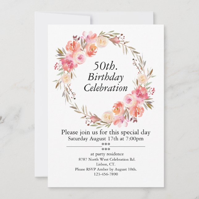 Pink Roses and Greenery, Customisable 50thBirthday Invitation (Front)