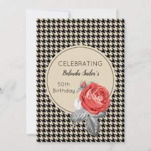 Pink Roses and houndstooth design Birthday Party Invitation