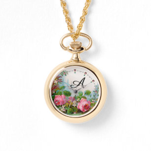PINK ROSES AND JASMINES,FLORAL MONOGRAM WATCH
