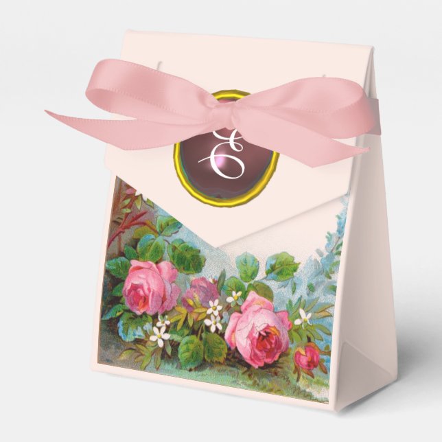 PINK ROSES AND JASMINES GEM STONE WEDDING MONOGRAM FAVOUR BOX (Front Side)