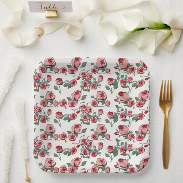 Pink Roses and Leaves Pattern Paper Plate (Wedding)