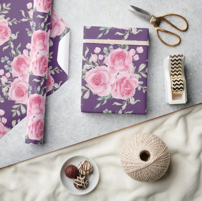 Pink Roses and Leaves Wrapping Paper (Crafts)