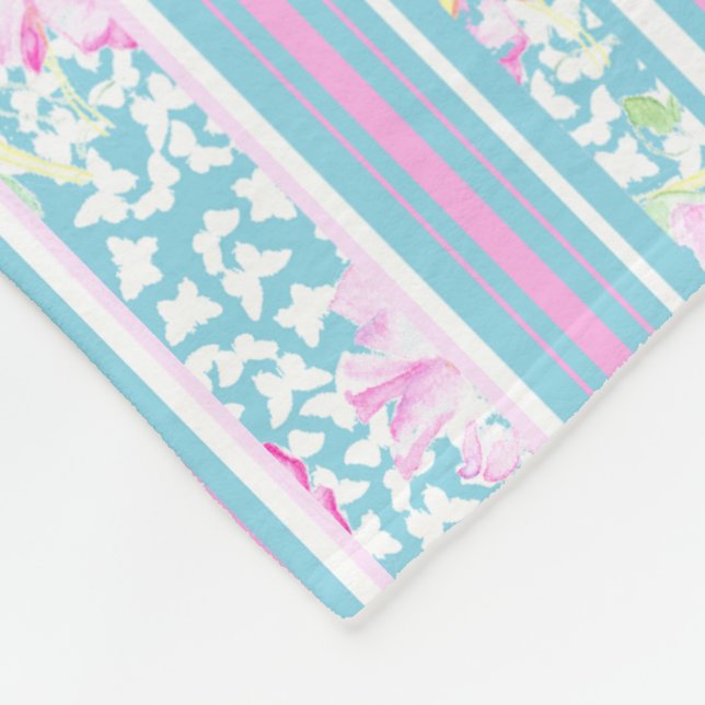 Pink Roses and Matching Stripes Fleece Blanket (Corner)