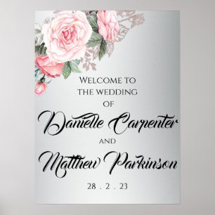 Pink Roses and Metallic Silver Wedding Welcome Poster