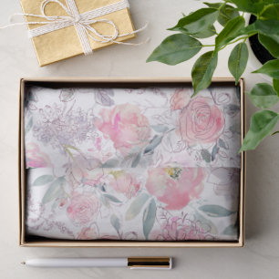Pink Roses and Mixed Floral Watercolor Pattern Tissue Paper