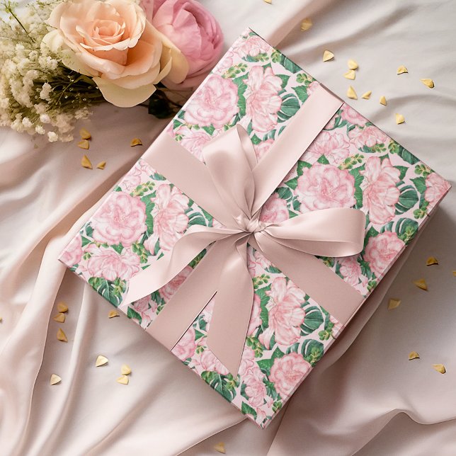 Pink Roses and Monstera Leaves Floral Wrapping Paper (Creator Uploaded)