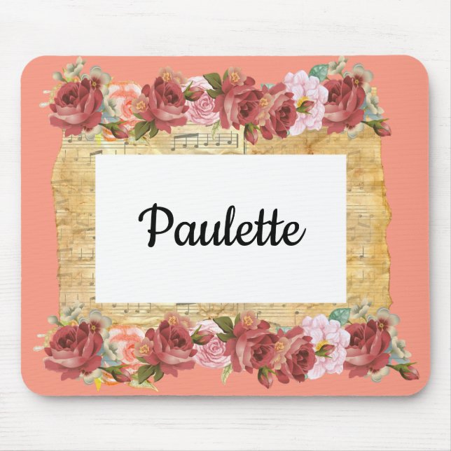 Pink Roses and Music Custom Vintage Mouse Pad (Front)