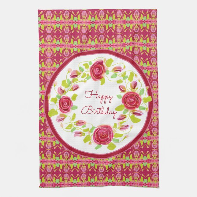 Pink Roses And Patterned Tea Towel (Vertical)