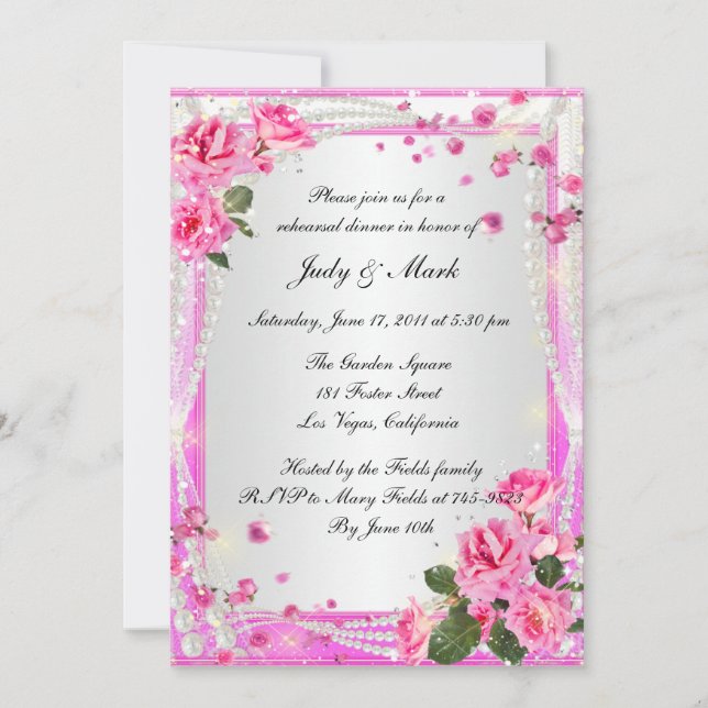 Pink Roses And Pearls Rehearsal Dinner Invitation (Front)