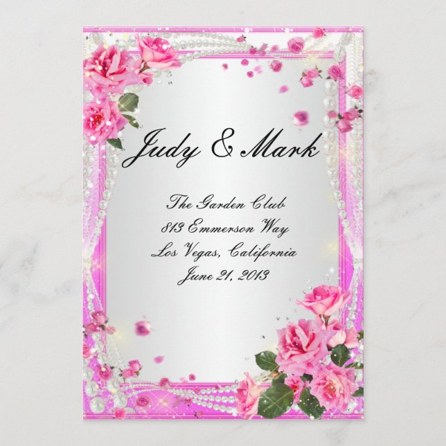 Pink Roses And Pearls Wedding Menu Card (Front)