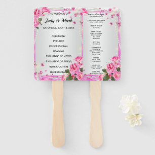 Pink Roses And Pearls Wedding Program Hand Fan