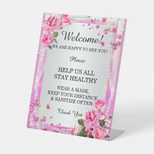 Pink Roses And Pearls Wedding Safety  Pedestal Sign