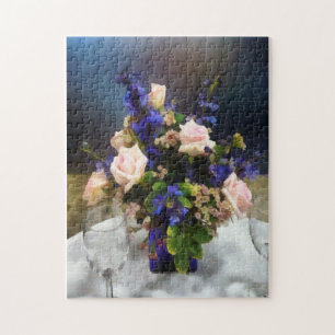 Pink Roses and Purple Delphinium Jigsaw Puzzle