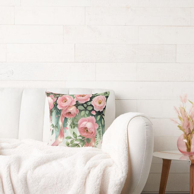 Pink Roses and Ribbons Cushion (Couch)