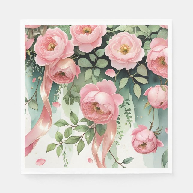 Pink Roses and Ribbons Napkin (Front)
