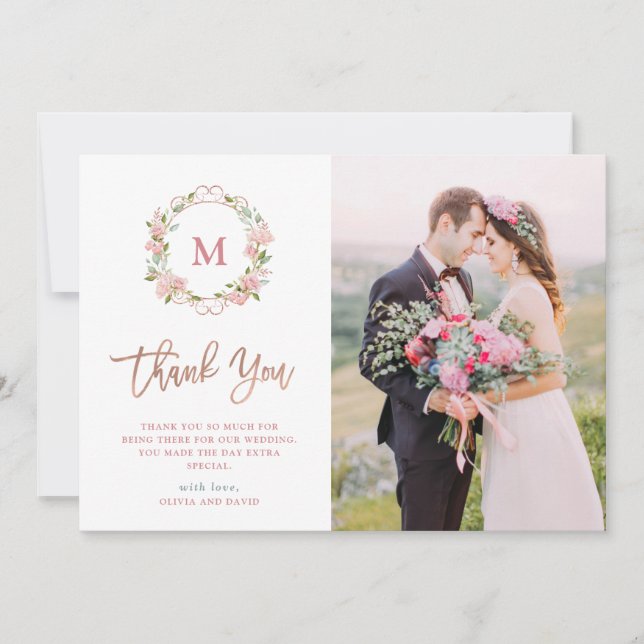 Pink Roses and Rose Gold Script | Photo Wedding Thank You Card (Front)