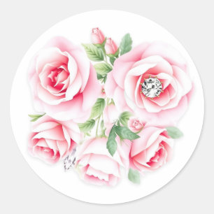 Pink Roses and Sage Green Foliage Wedding Classic Round Sticker