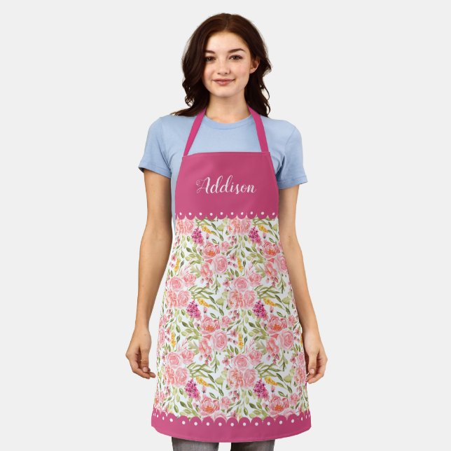 Pink roses and scalloped borders floral pattern apron (Worn)
