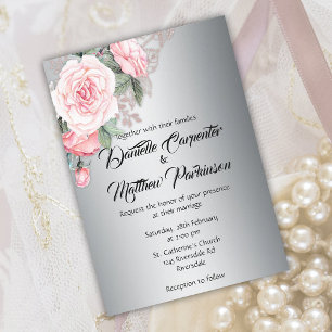 Pink Roses and Silver Wedding Invitation
