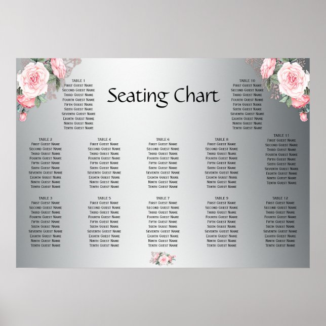 Pink Roses and Silver Wedding Reception Seating Poster (Front)